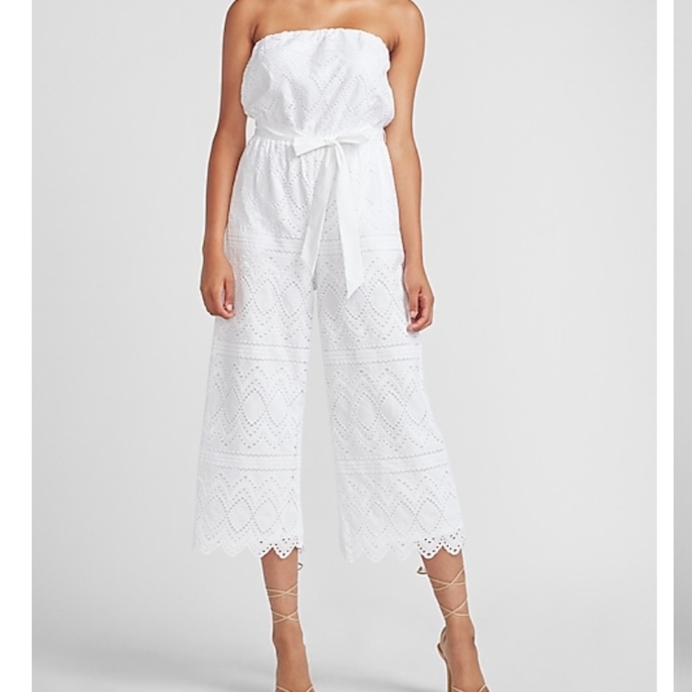 Strapless white culotte jumpsuit